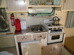 Kitchen in Kookaburra, our 1960's vintage onsite caravan at Grampians Paradise Camping and Caravan Parkland