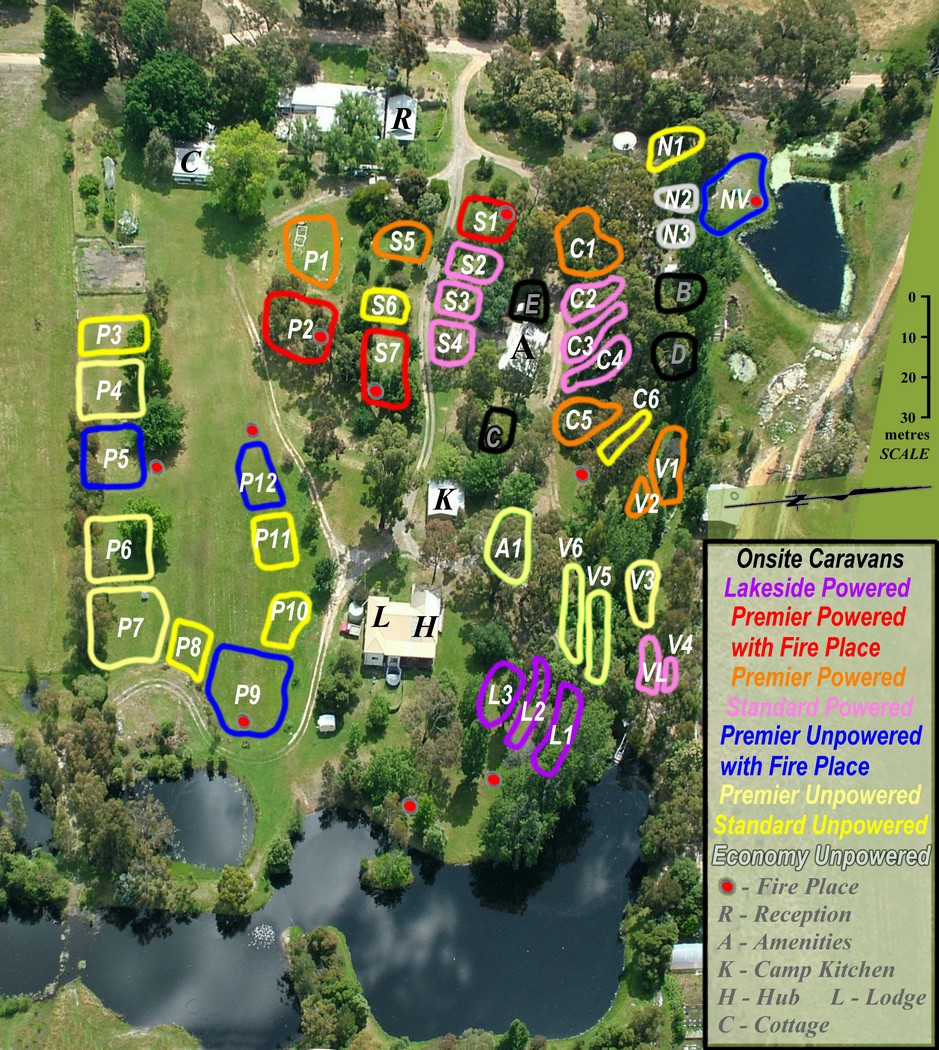 Site Map showing powered and unpowered sites for caravans, motor homes, camper trailors and tents at Grampians Paradise Camping and Caravan Parkland