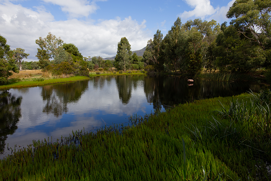 Blue Lake South of Redman Bluff Wetlands at Grampians Paradise Camping and Caravan Parkland with Mt William highest peak of the Grampians National Park in the background