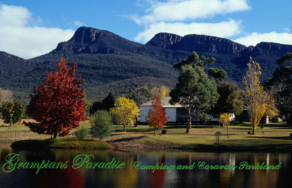 Green Grass, reflections of the close by Grampians Mountains in our little lakes and ponds, large sites (both powered and unpowered) lots of space, large shady trees and beautiful views are some of the features of Grampians Paradise Camping and Caravan Parkland. Reman Bluff, one of the Grampians National Park's highest mountains refected in Blue Lake at Grampians Paradise Camping and Caravan Parkland