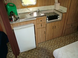 Kitchen in Emu, our 1970's retro onsite caravan at Grampians Paradise Camping and Caravan Parkland