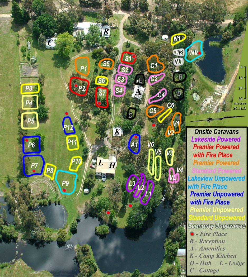 Site Map showing powered and unpowered sites for caravans, motor homes, camper trailors and tents at Grampians Paradise Camping and Caravan Parkland