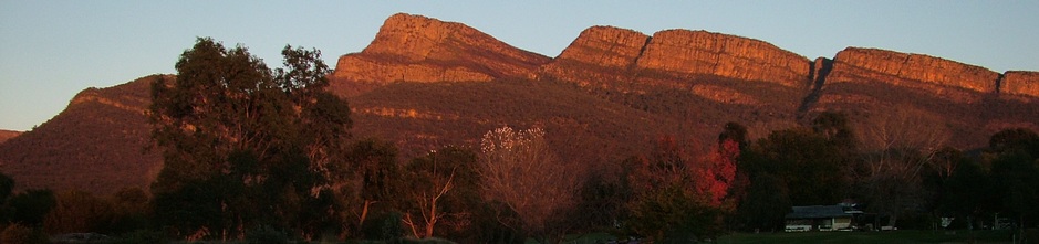 The view of Redman Bluff in the morning sunrise light from Grampians Paradise Camping and Caravan Parkland