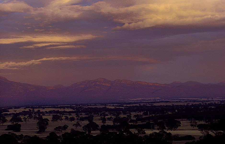 Driving to the Grampians National Park. View on sunrise from between Ararat and Halls Gap